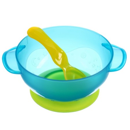 Set for feeding: a bowl on a suction cup with a lid, a spoon, the color is turquoise-2