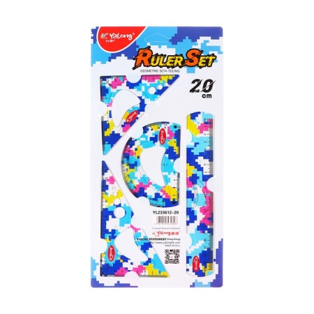 Set of geometric plastic (ruler 20cm+2 squares+transporter) pixels