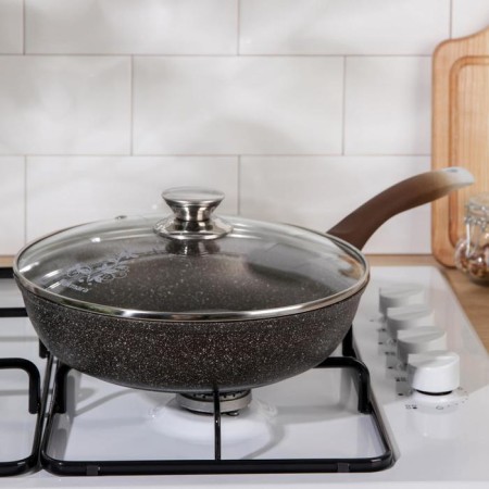 Pan, d = 24 cm, h = 6 cm, plastic handle, glass cover, anti -stick coating, color coffee marble-5