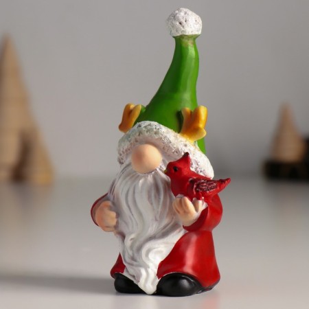 Polystone souvenir "Dwarf in a green hat with horns, with a bird" 4x5.5x10.5 cm-3