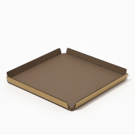 Metal tray, square eco -leather, 12 x 12 cm, brown color,