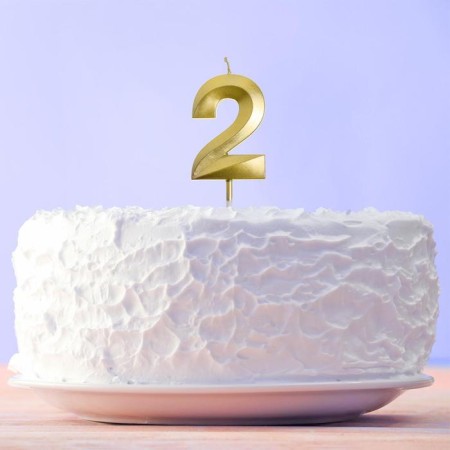 Candle for the cake, the number "2", gold.