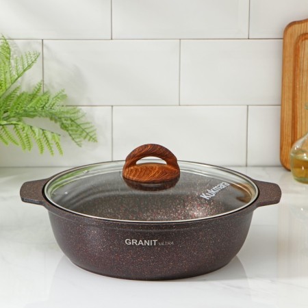 Granit Ultra, 3 l, 3 l, d = 28 cm, glass cover, anti-stick coating, brown color