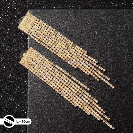 Hanging earrings with rhinestones "Waterfall" a large square, white color in gold, 10 cm