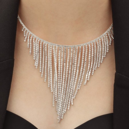 Set 2 objects: earrings, necklace "waterfall" ring, white color in silver, d = 13 cm-3