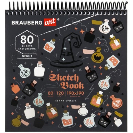 Sketchbook 120g/m Brauberg Art Debut Magic 190x190 mm 80l, rowing, elastic band, Bel BOM 115067-2