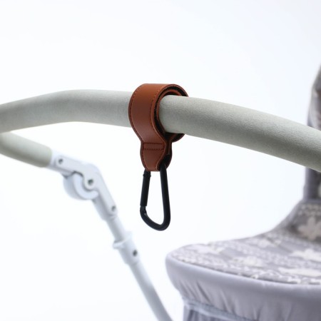 Carabiner for bags for a stroller, for Velcro, eco -leather, brown color-9