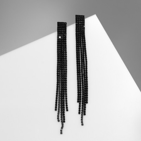 Hanging earrings with rhinestones "Waterfall" on a rectangle, black color in gray metal, 12.7 cm-2