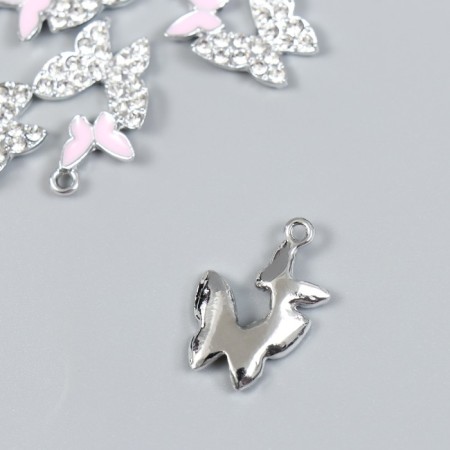 Decor for creativity metal, enamel, rhinestones "Two butterflies" silver, pink 1.4x2.2 cm-1
