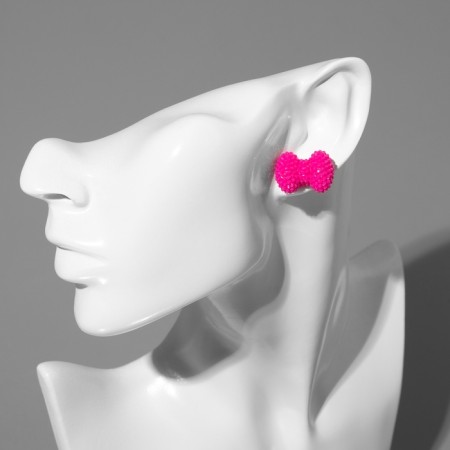 Earrings Plastic "Caramel" bow, bright pink color-2