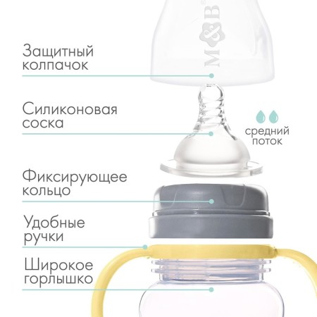 A bottle for feeding, a wide throat, 270 ml, with handles, beige/gray-1
