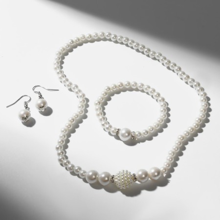Set 3 objects: earrings, necklaces, bracelet "Pearls" elegant, white color in silver