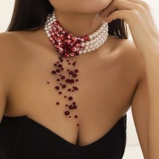 Hotika’s necklace with a bloody pearl, ball No. 6, red-white color in silver, l = 32 cm