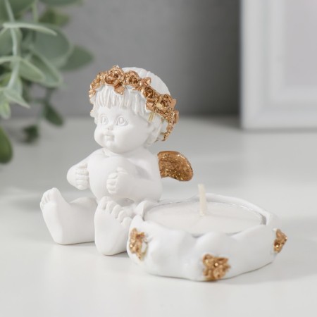 Polystone candlestick "Angel with a heart, in a golden wreath" 6x5.3x8 cm-4