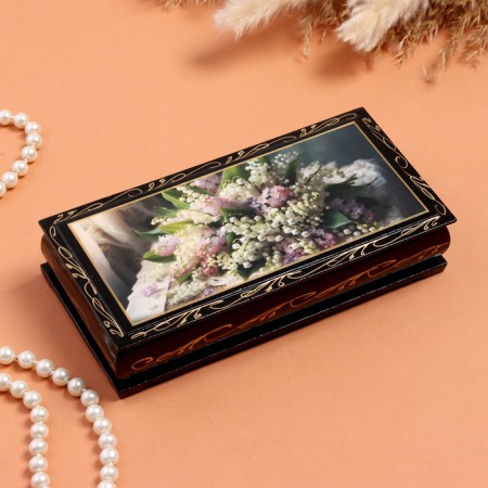 Casket "Bouquet of the valley with lilac", black, 8.5 × 17 cm, lacquer miniature