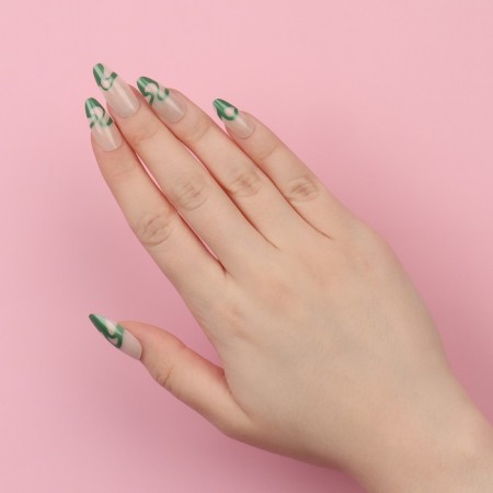 Pattern overhead nails, 24 pcs, with adhesive plates, almond shape, milk/green color-13