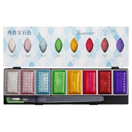 Watercolor paints, mother -of -pearl, + brush, in a plastic box, 8 colors