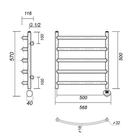 Domoterm electric heated towel rail "Calipso" P5, 500x500 mm, right, white matte-2
