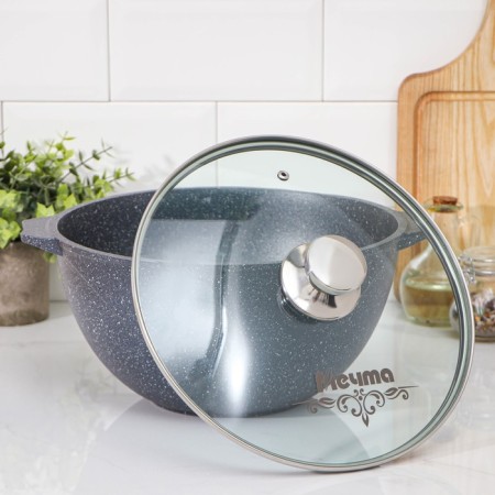 Kazan "Granite", 6 l, glass cover, cast pens, anti -stick coating, black color-1