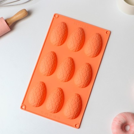 The form for baking the share "Easter. Chocolate egg ”, silicone, 9 cells, 28 × 16 × 2 cm, orange color-1