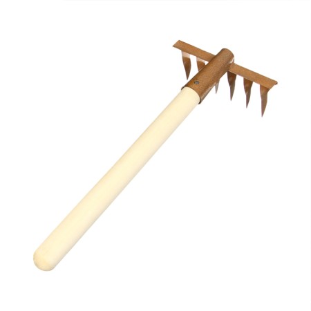 Small straight rakes, 6 twisted teeth, length 31 cm, metal, wooden handle-1