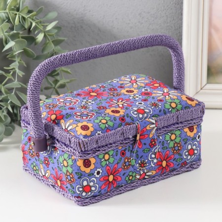 Casket for needlework "Drawn flowers on blue" 18x12x9.5 cm