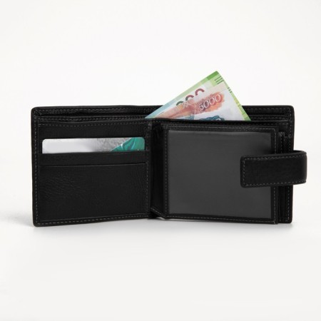 Men's purse on the button, a department for bills, for maps, for coins, black color-5