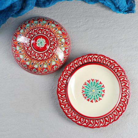The pancake of Rishtan ceramics "Flowers", 24 cm, red-4