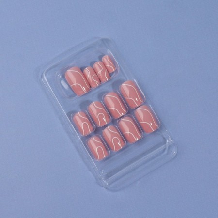 Lines patch nails, 24 pcs, with adhesive plates, soft square shape, pale pink color-2