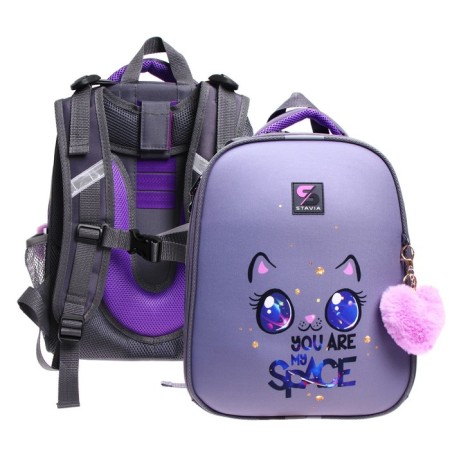 School backpack 38 x 30 x 16 cm, ergonomic back, Stavia "Cat Cosmos", Gray