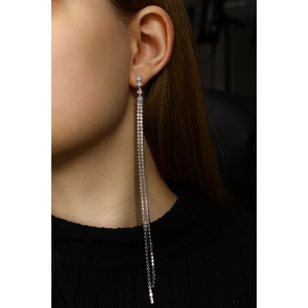 Hanging earrings with rhinestones “drops” two threads, white color in silver, 15.8 cm-5