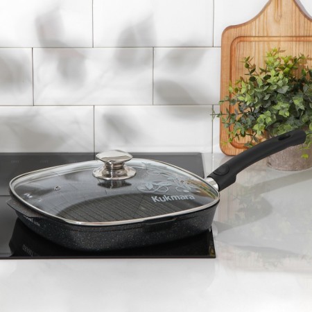 Square Square Granit Ultra, 28 × 28 cm, removable handle, glass cover, anti-stick coating, black color black-6
