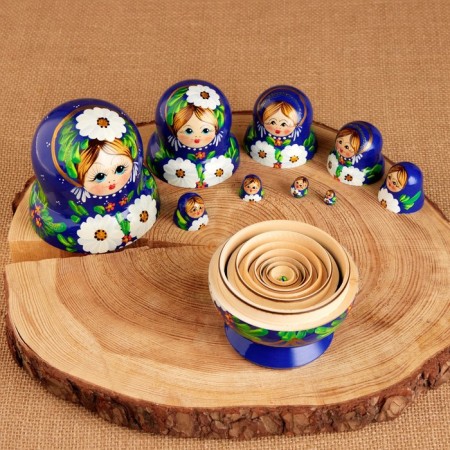 Nesting doll "white flowers", blue dress, 10 puppet, 12 cm-3
