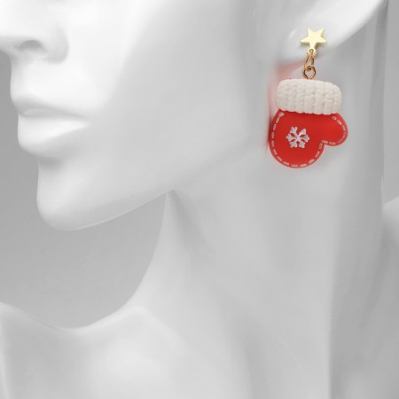 New Year! Earrings "New Year" hat star, mittens, white-red color in gold-2