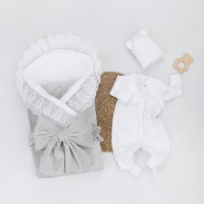 Kinderlitto “Bristol” discharge kit, 5 items: blanket, diaper, jumpsuit-slip, cap, bow, demi-season, height 50-56 cm, color gray.