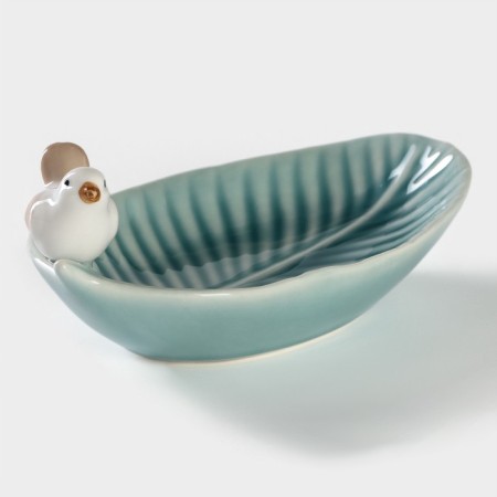 Ceramic serving "Bird on a leaf", 15.5 × 8.5 cm, blue color-1