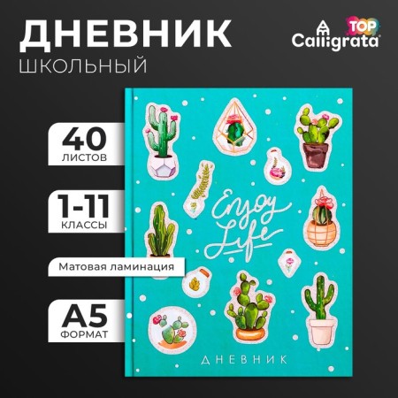 Universal diary for grades 1-11, "cacti", solid cover 7BC, matte lamination, glitter (sparkles), 40 sheets