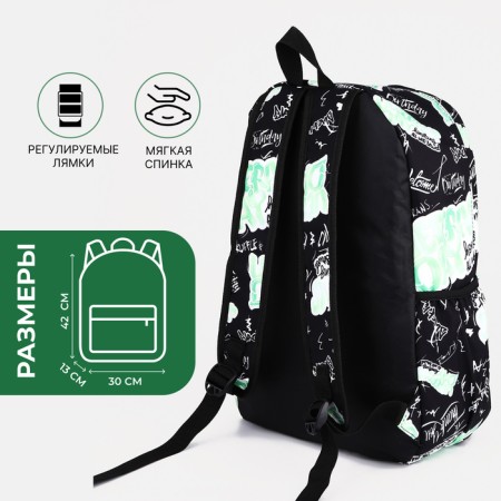 A backpack with a zipper, 3 outer pockets, green/black color-1