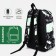A backpack with a zipper, 3 outer pockets, green/black color