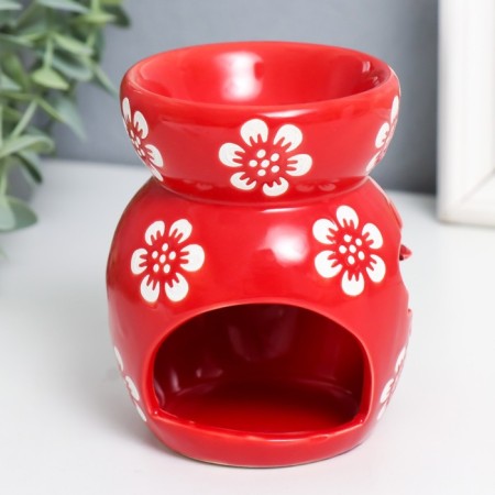 Aroma lamp ceramics "butterflies" white flowers on red 8x8x10 cm-3