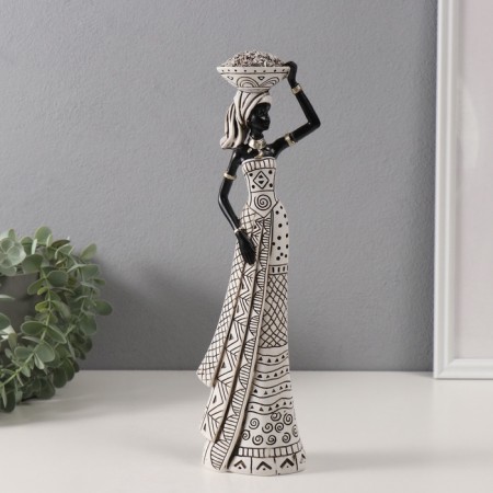 Polystone souvenir "African with a plate on her head" White with black 10.5x6.5x33 cm