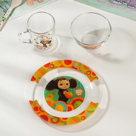 Set of dishes "Cheburashka", 3 items: plate, salad bowl, mug, gift packaging-1