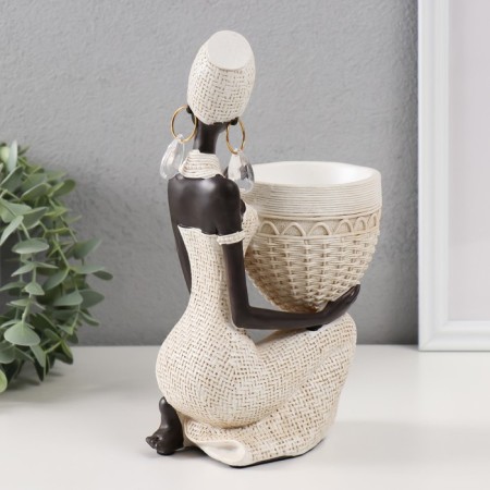 Souvenir Polystone stand "African sits, with a wicker pot" White 14x9x24 cm-2