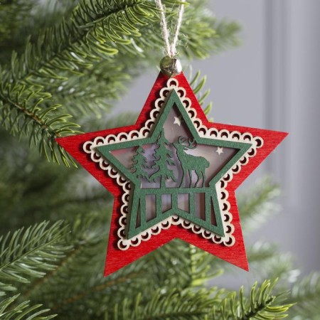 Christmas tree toy "Red Star with a deer", from batteries, a glow of warm white-1