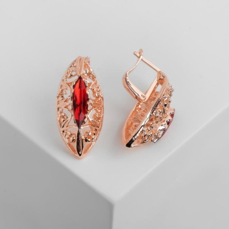 Earrings with rhinestones "Edel" ellipse openwork, red color in gold-1