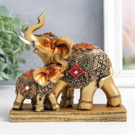 Souvenir Polystone "elephant with an elephant in the Popon with a strom" bronze 14x6.3x13.5 cm