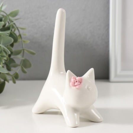 Souvenir Ceramics "Cat White with a long tail and pink flower" 9.4x5.3x14 cm