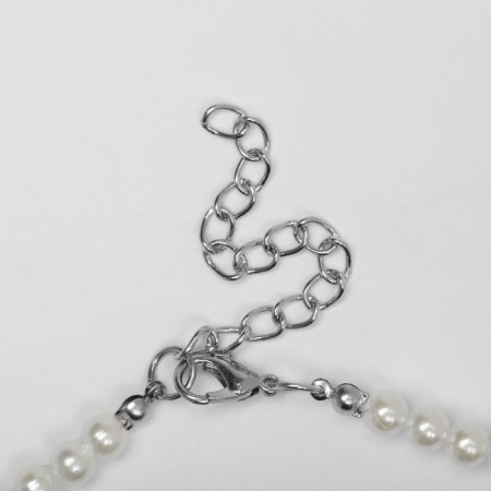 The necklace with pearls “drop” V-shaped, beads No. 6, 8, 10, milk color in silver, 40 cm-2