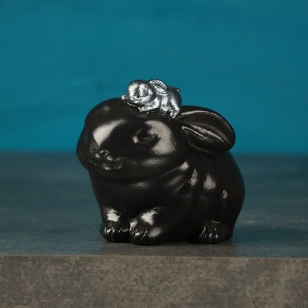 Figure Kashpo "Bunny with a hare" black with silver, 10cm