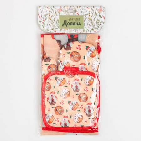Kitchen New Year's set Christmas segling 17*17cm, mittens 26*16 cm, apron 60*80 cm, 100% p/e-8